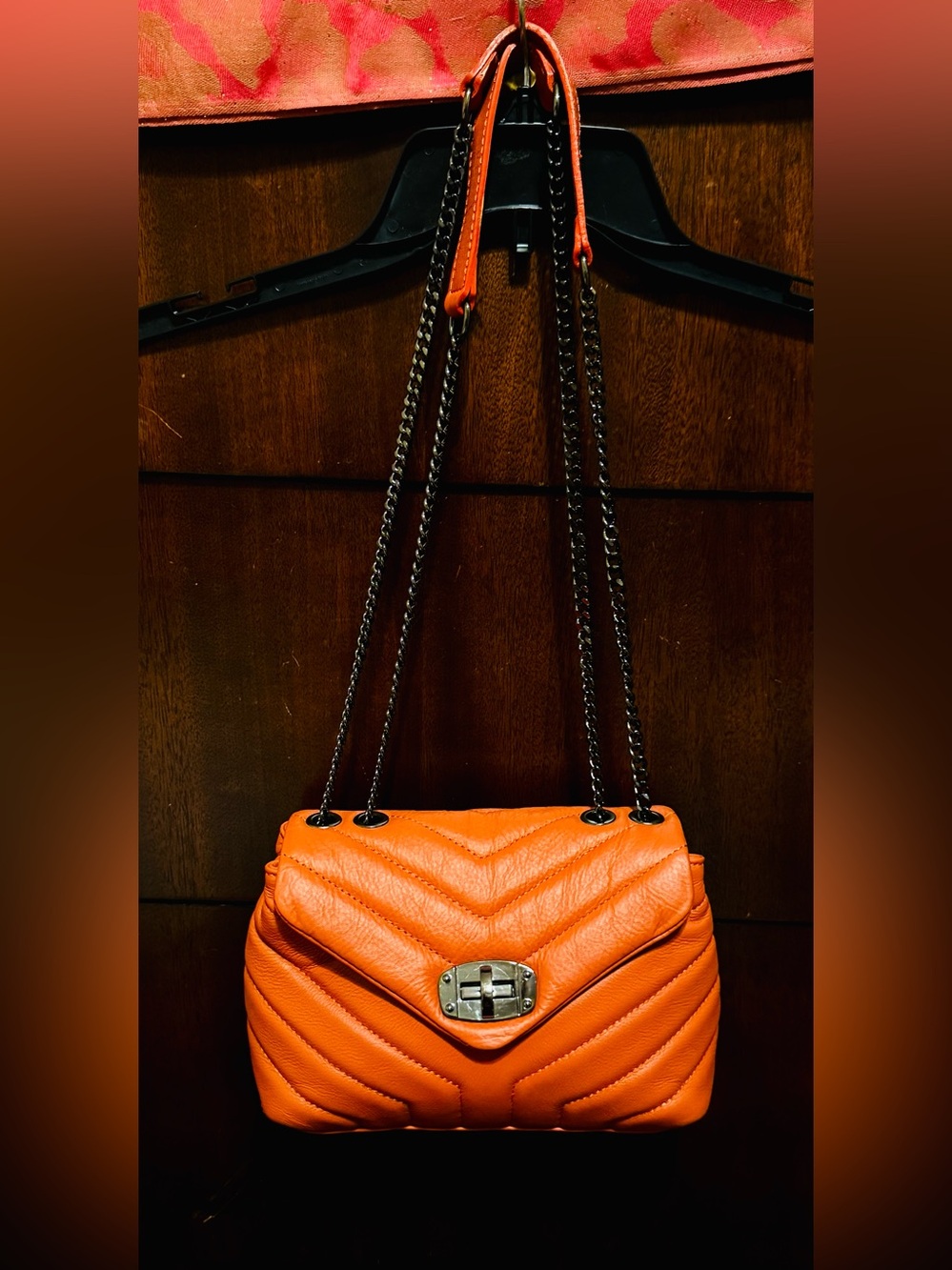 DIVINA FIRENZE BRIDGET Deep Orange Italian Leather Quilted  Chain Crossbody Bag